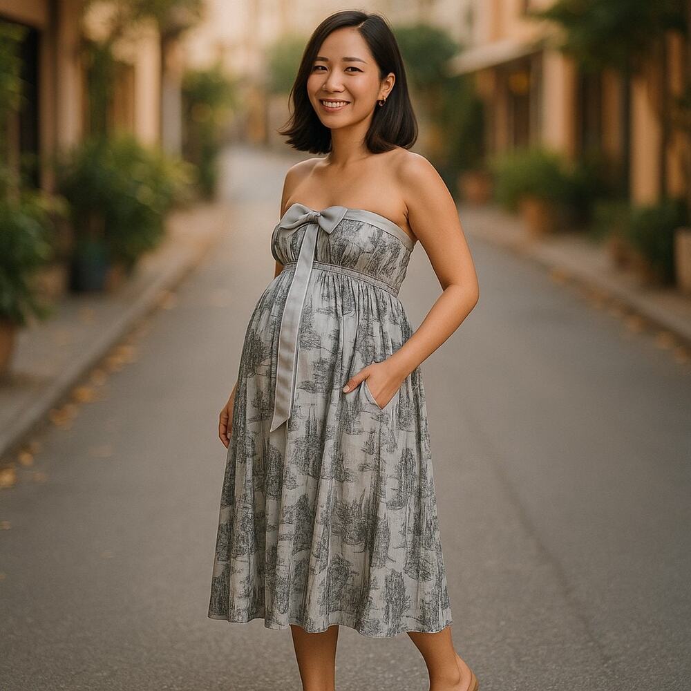 Maternal America Womens Dress M Silver Gray Strapless Formal Burnout Floral NEW